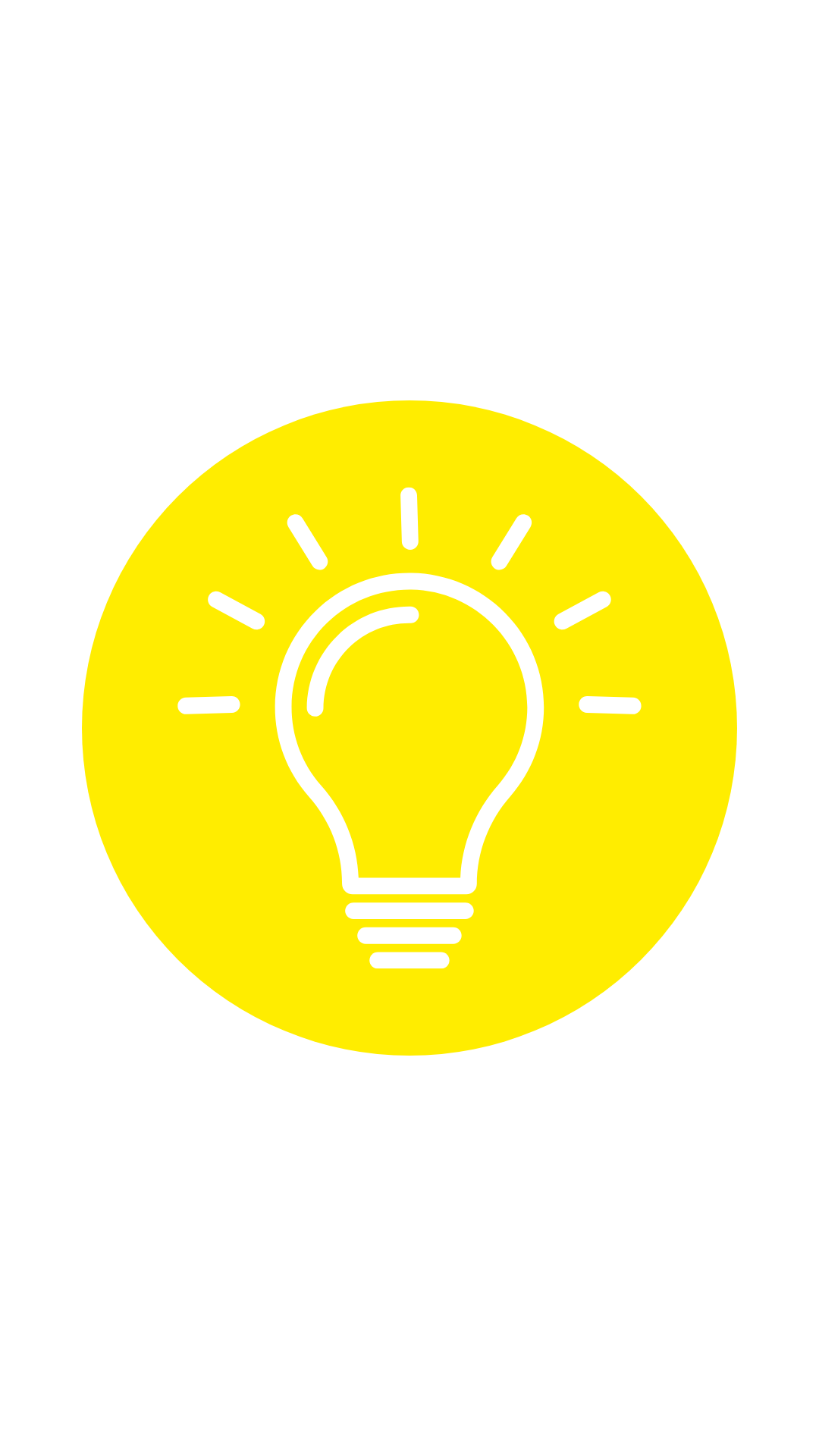 A round yellow icon with a white lightbulb illustration in the middle.