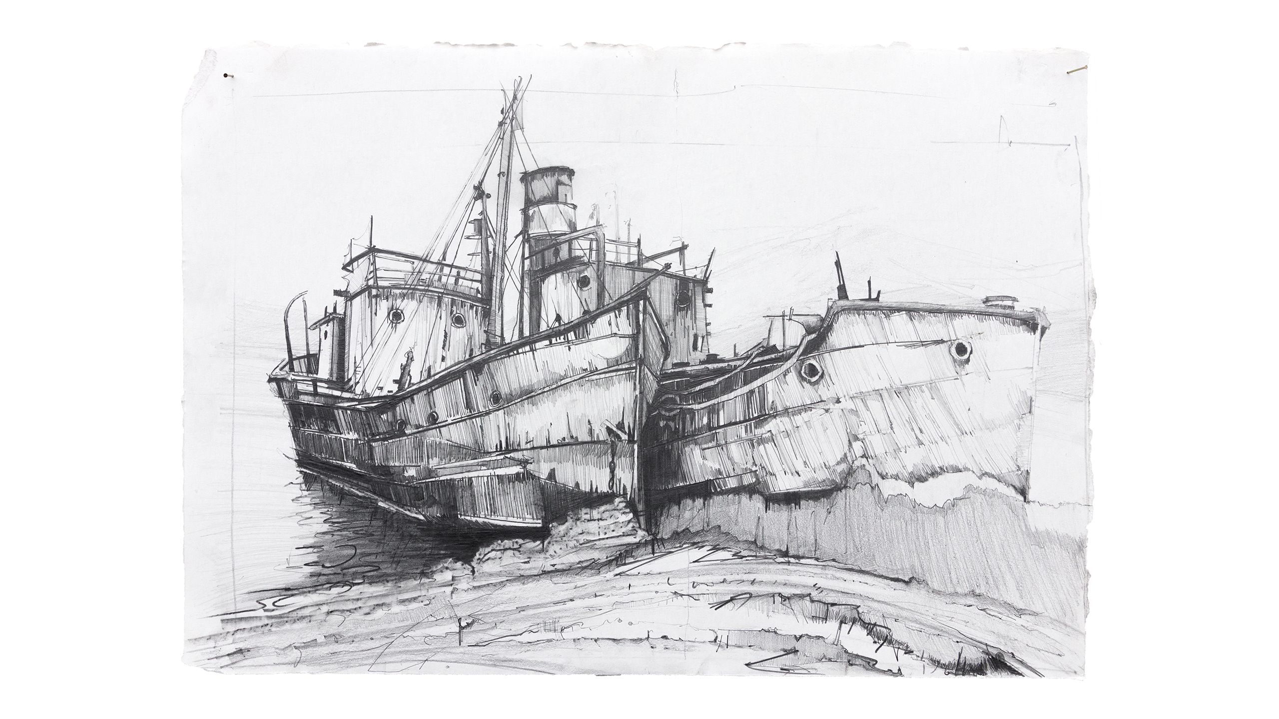 Graphite drawing of two dilapidated, rusting whaling ships at the shore