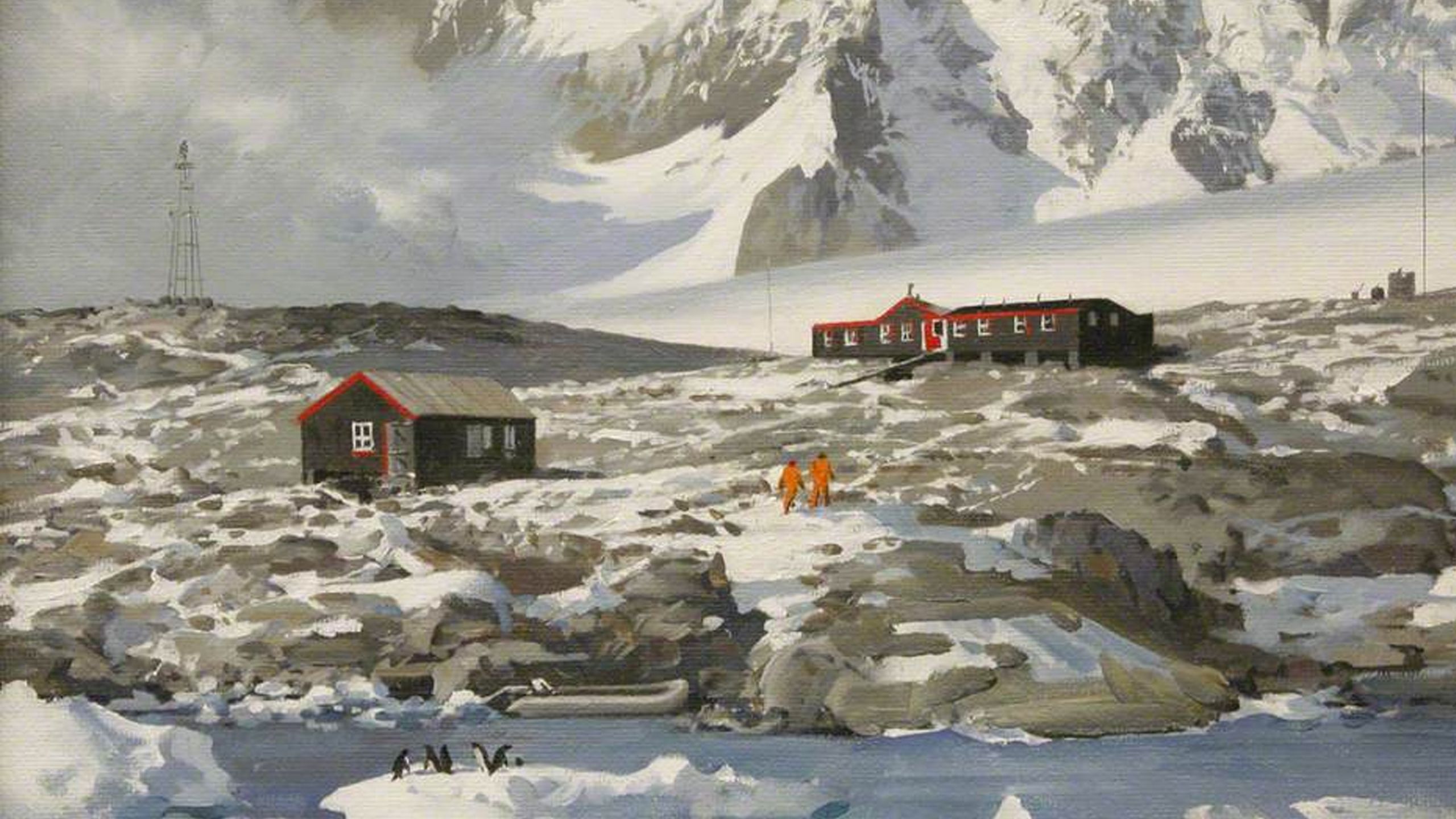 Painting of two black and red huts, and two figures wearing orange, in the Antarctic landscape