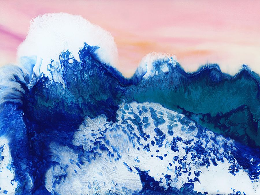 An ocean-like wave of blue and white washes over a dusky backdrop of soft pink and orange shades.