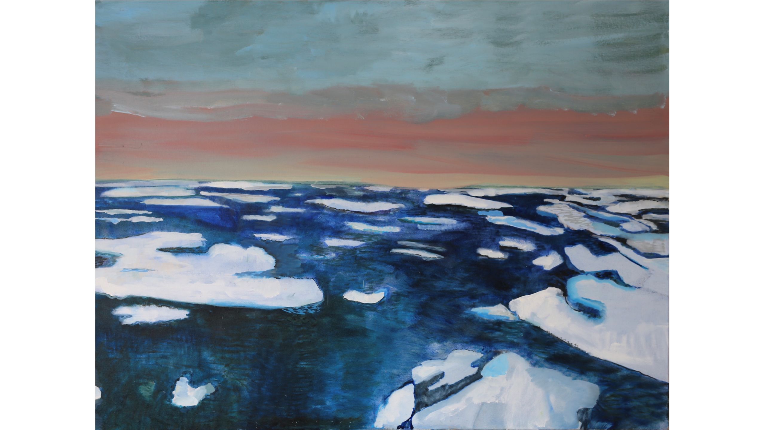 A seascape with broken up ice and a red-orange horizon.