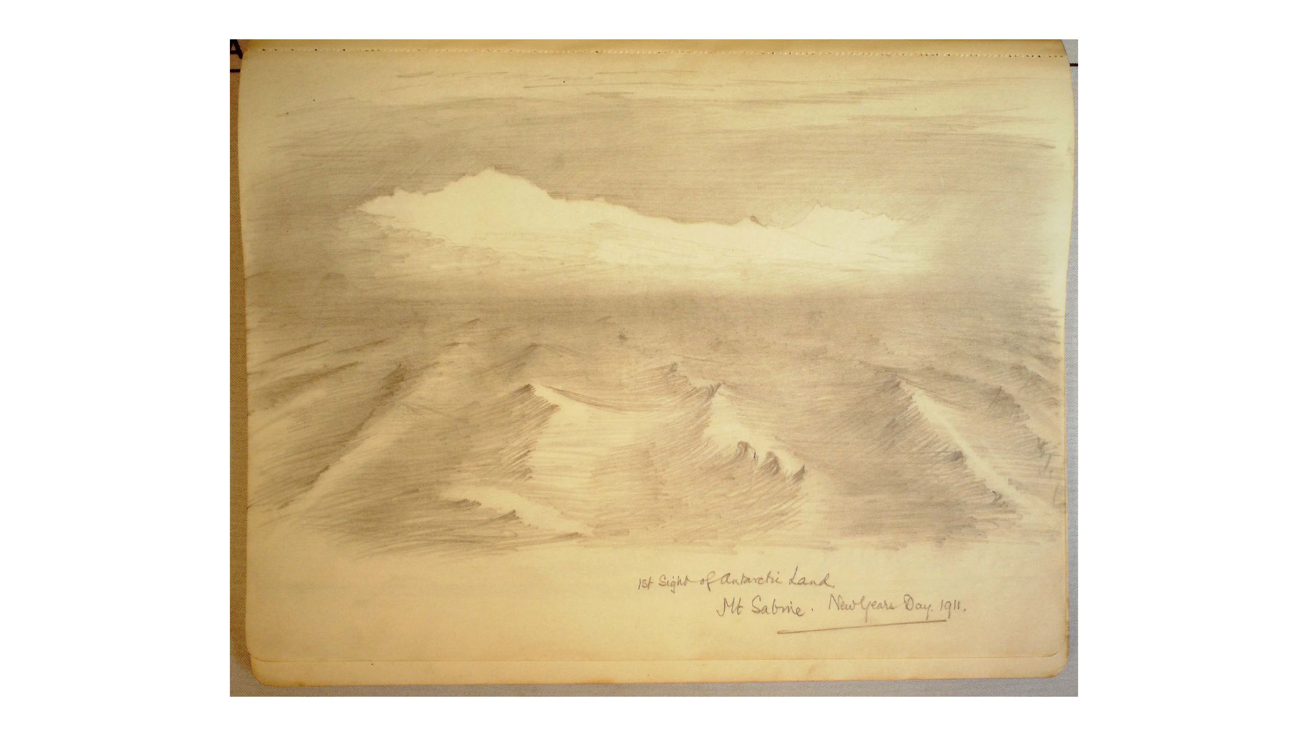 Drawn page showing choppy seas in the foreground and in the background the peak of a mountain is illuminated, as if floating above the horizon.