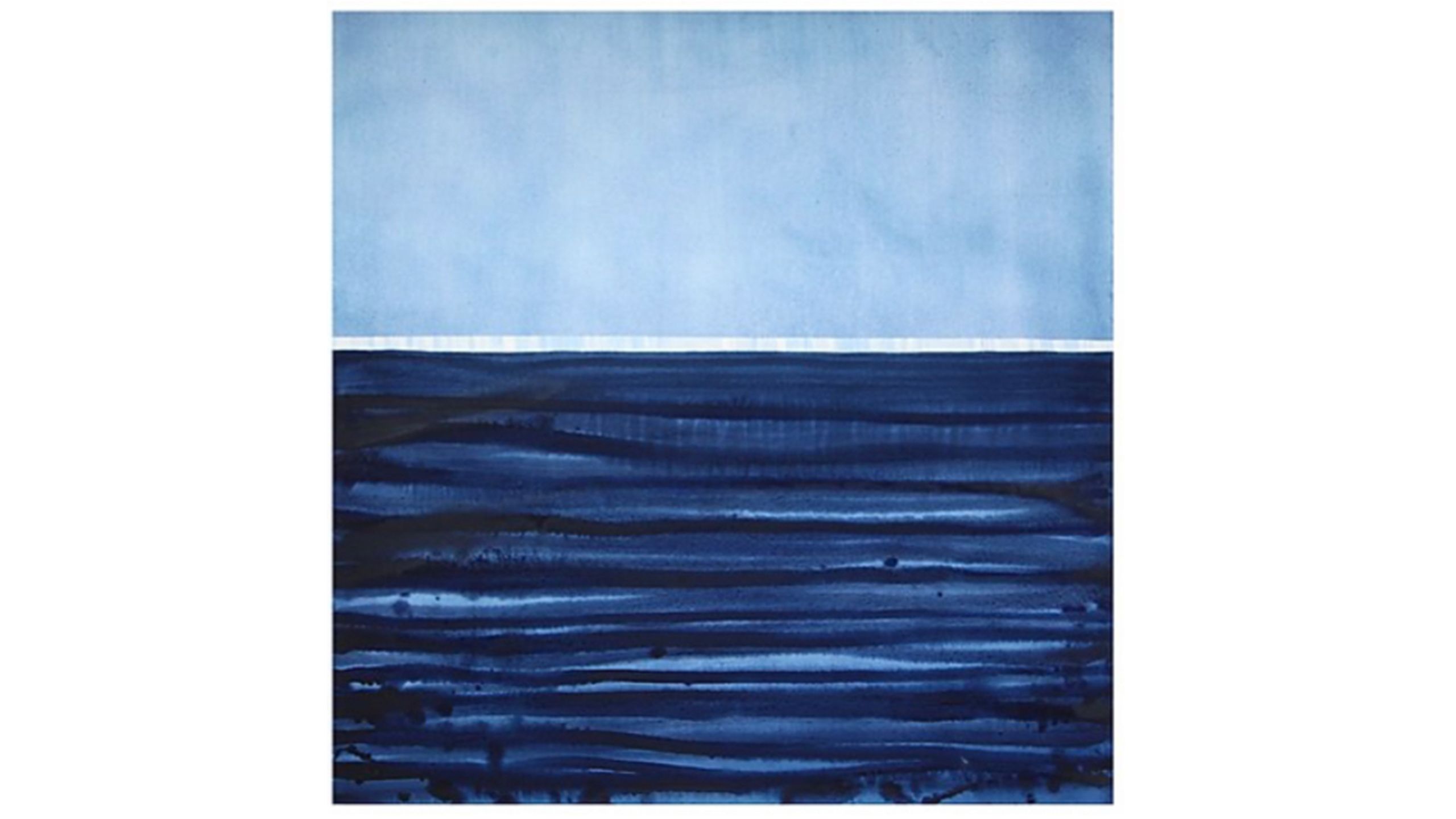 A square image with a calm sea in the foreground, a thin horizontal white line representing an the edge of the horizon, and a calm blue sky above.
