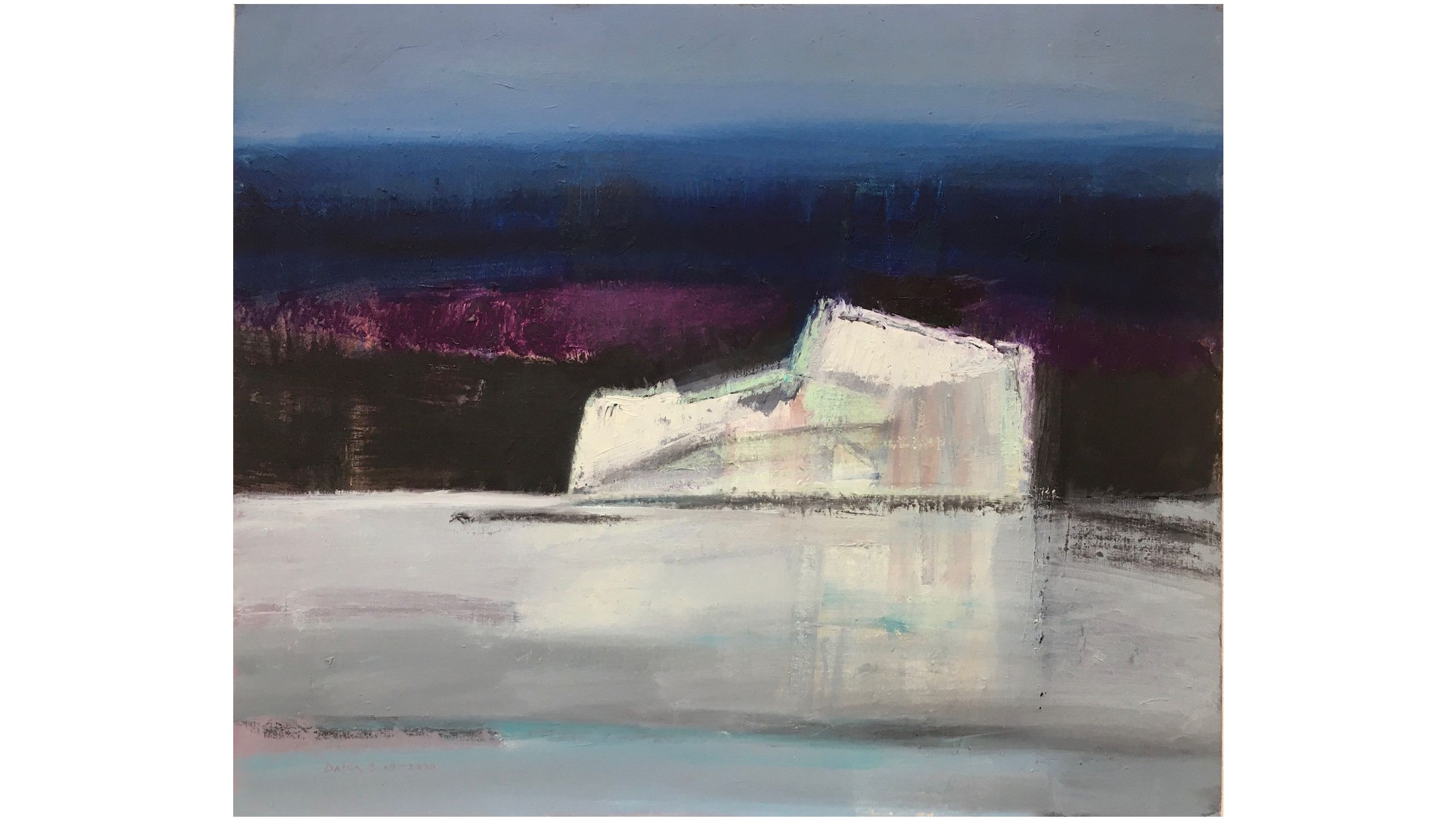 A stylised iceberg floats in front of a rich purple and blue sky