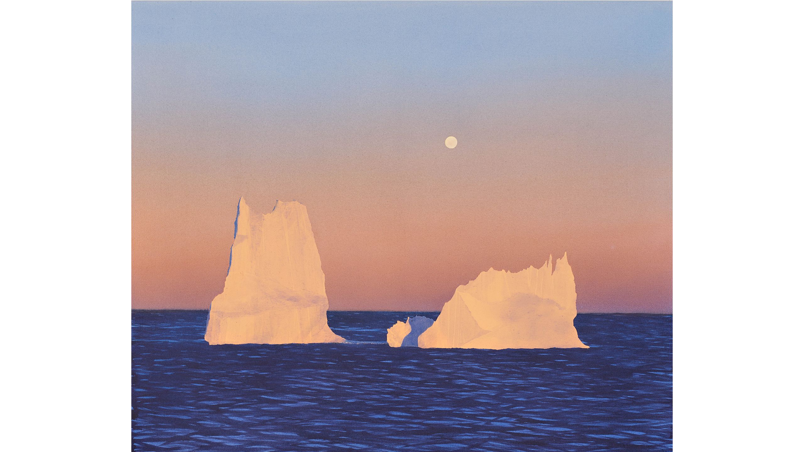 Two icebergs float on a calm sea, the moon is visible above them, highlighting a dusky pink sky.