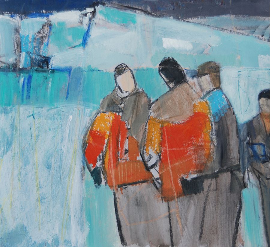 Three people stand together in the foreground, wearing brightly coloured jackets. The background is an icy blue.