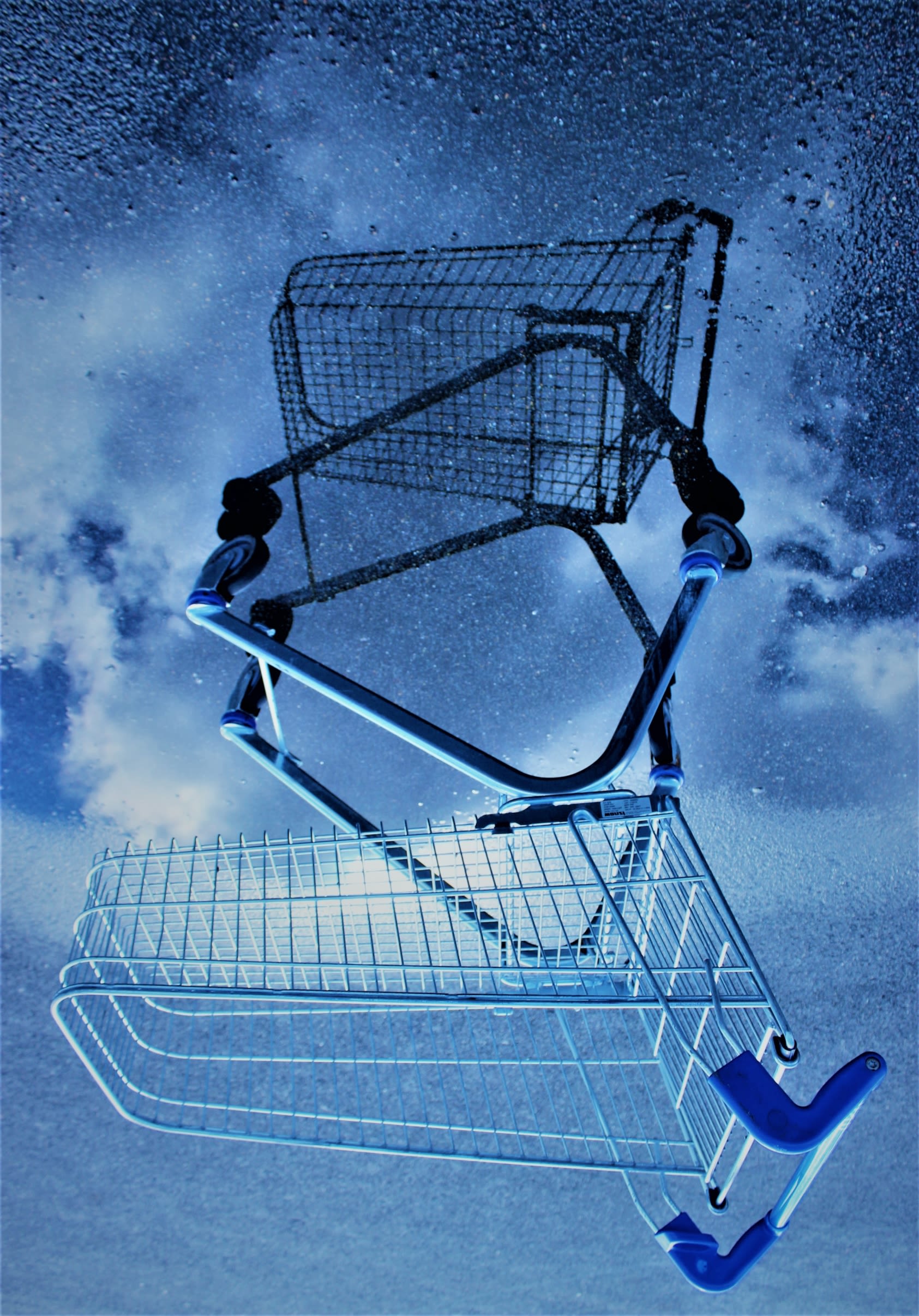 abandoned shopping cart and sky reflected in a puddle