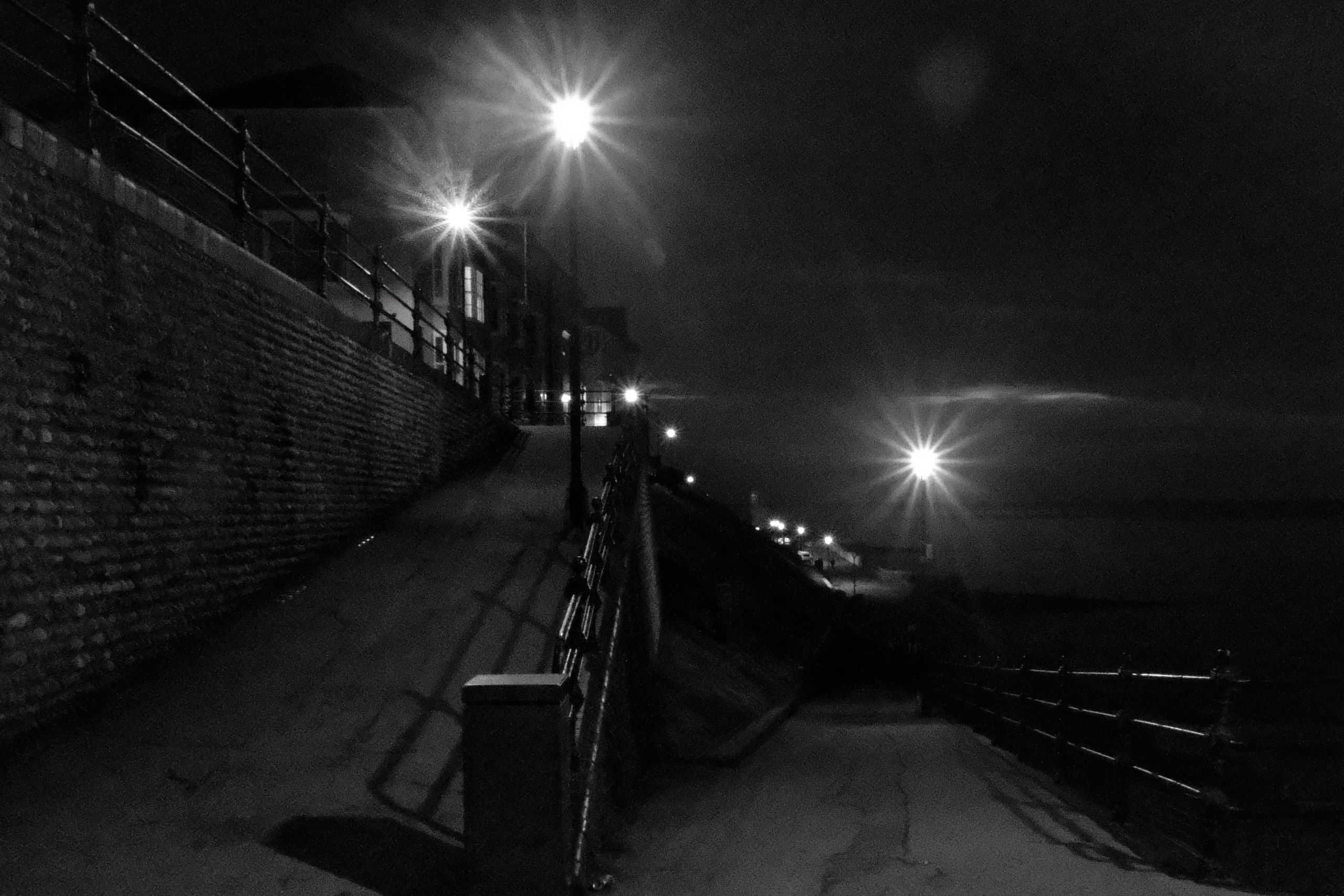 path and lanterns, seaside in greyscale