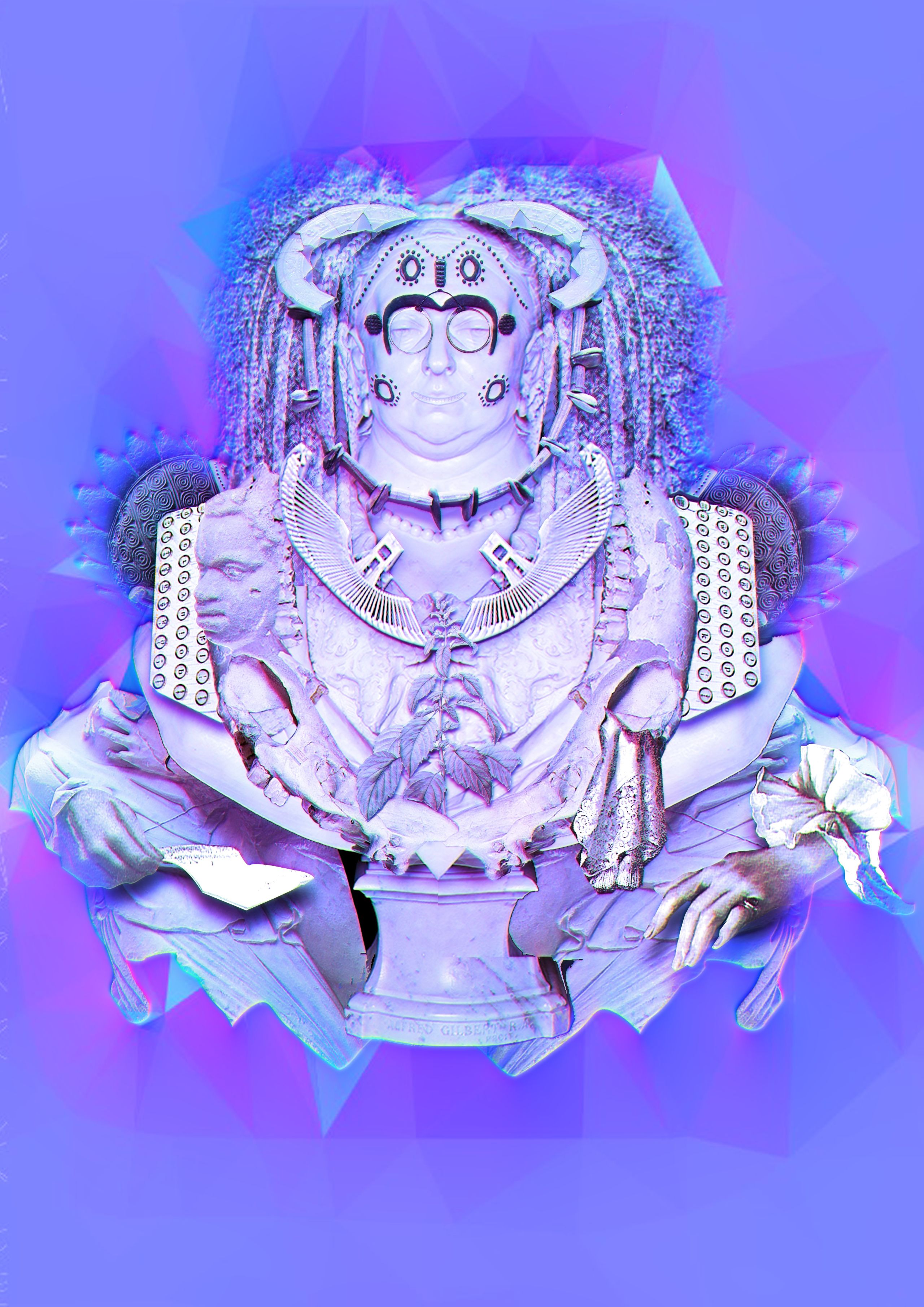A vivid purple collage based on a marble bust of Queen Victoria, accessorised by a huge range of different objects, including the markings from an Ibo mask, a 20th century typewriter and an ancient Roman figurine.