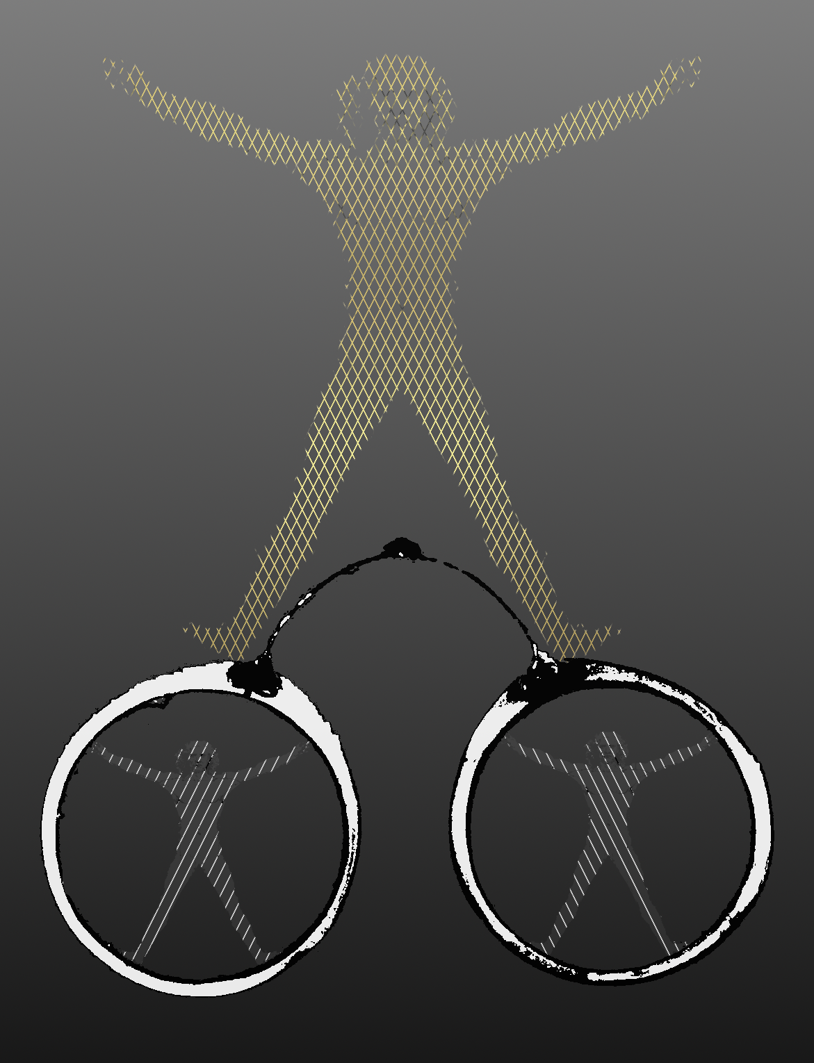 The image shows a naked man formed of cross-hatched lines, with his arms and legs stretched out as he stands on the outline of a pair of spectacles. Within each lens of the spectacles is a smaller duplicate figure. The image is set against a grey background.