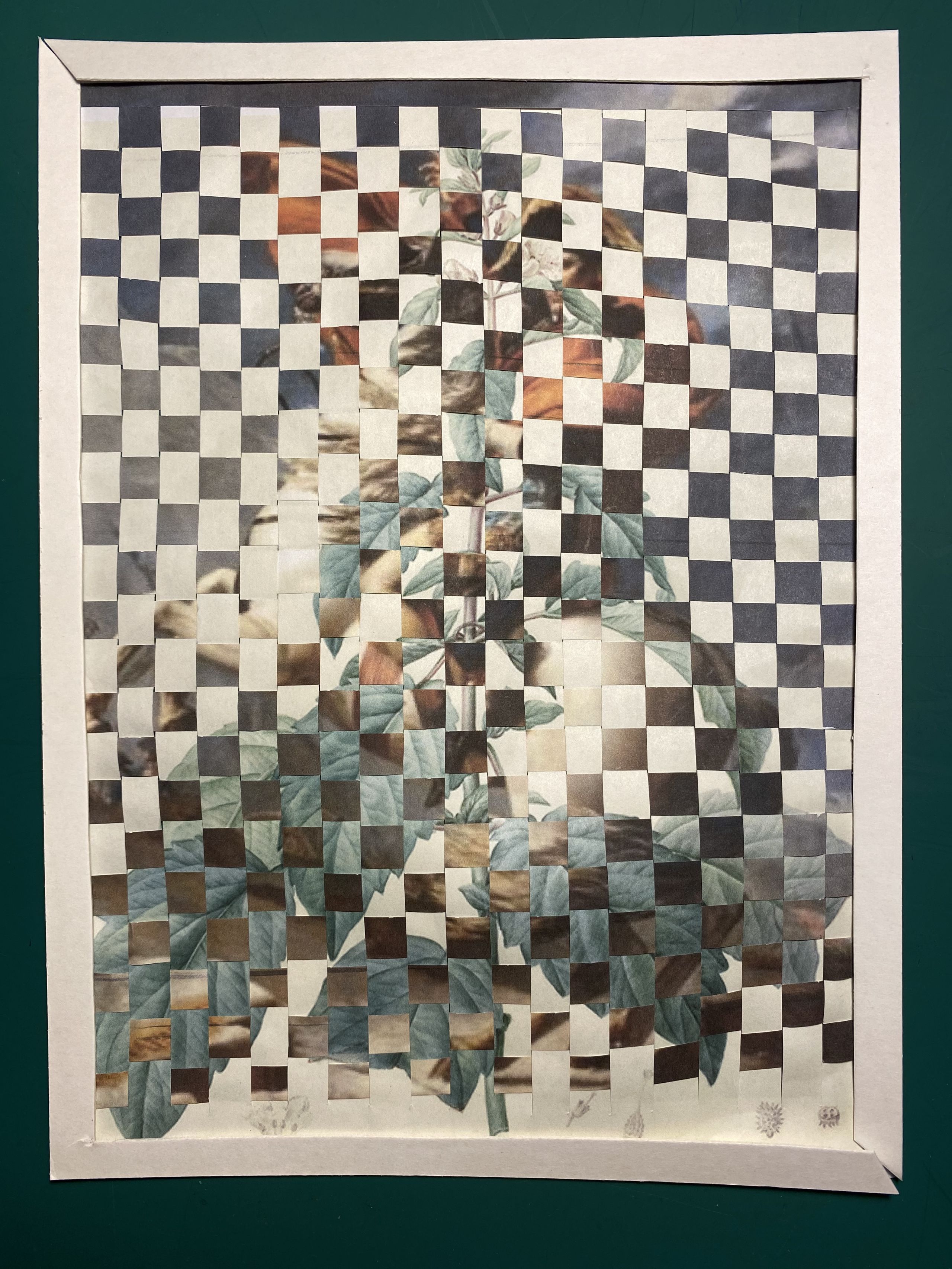 An image that on first glance appears to be a chequerboard of small white squares with patches of blue. On closer inspection, it becomes clear that two paintings are woven together: the green, serrated leaves of a single-stemmed plant topped with white flowers, and an image of the Emperor Napoleon on a white horse. The horse rears up on hind legs and Napoleon, wearing a swirling red cloak and bicorne hat, raises his left arm in a commanding gesture. The shape of the plant and the composition of the portrait of Napoleon mirror each other.